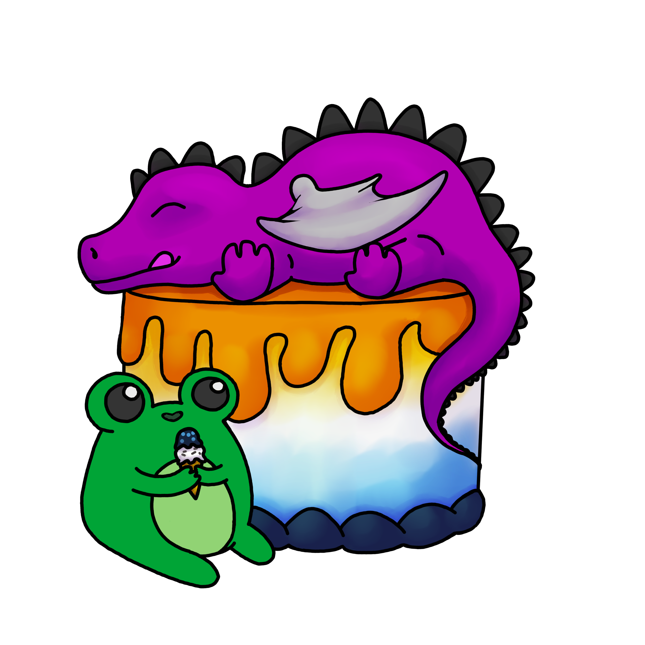 Das Logo vom Podcast ACE AROund the Cake. Zu sehen ist ein Kuchen in den Farben der aroace Flagge, auf dem ein lilafarbener kleiner Drache schläft. Links unten neben dem Kuchen sitzt ein kleiner grüner Frosch, der eine Eistüte mit zwei Kugel Eis hält.